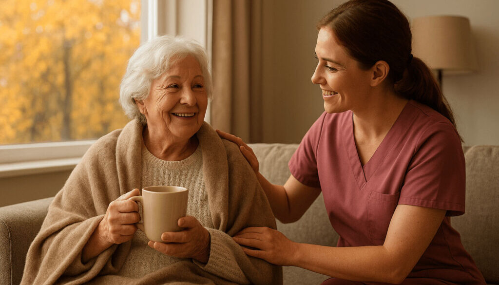 Elderly woman enjoying fall at home with warm blanket, cozy tea, and autumn leaves outside the window