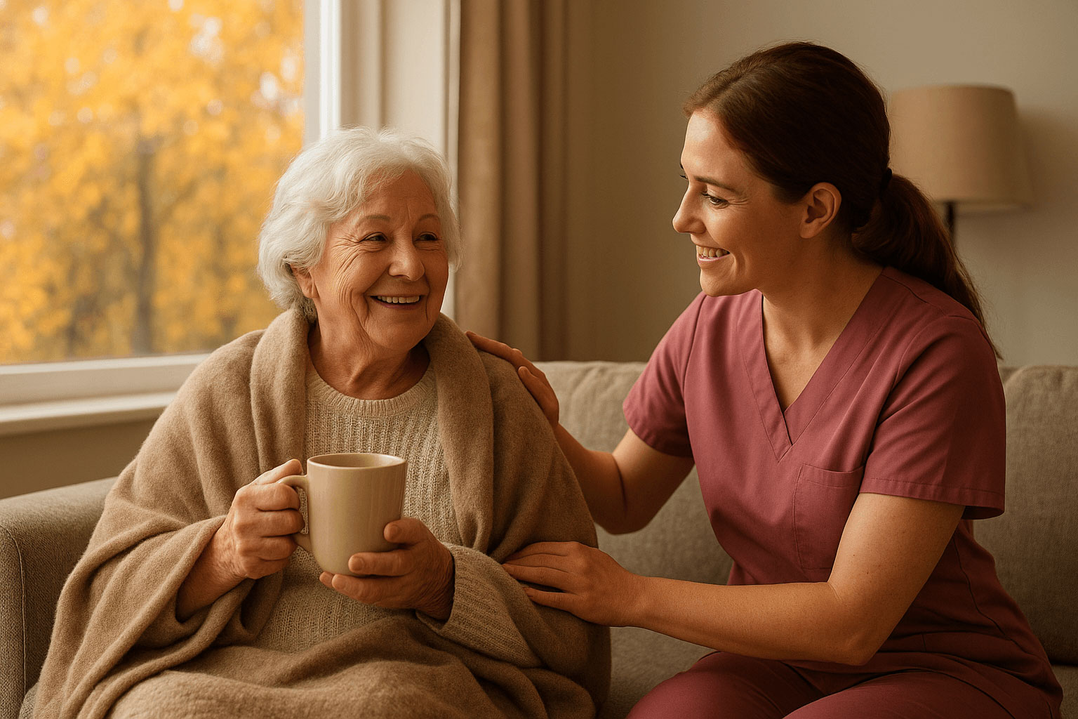 seniors-fall-safety-tips-next-level-home-care Elderly woman enjoying fall at home with warm blanket, cozy tea, and autumn leaves outside the window