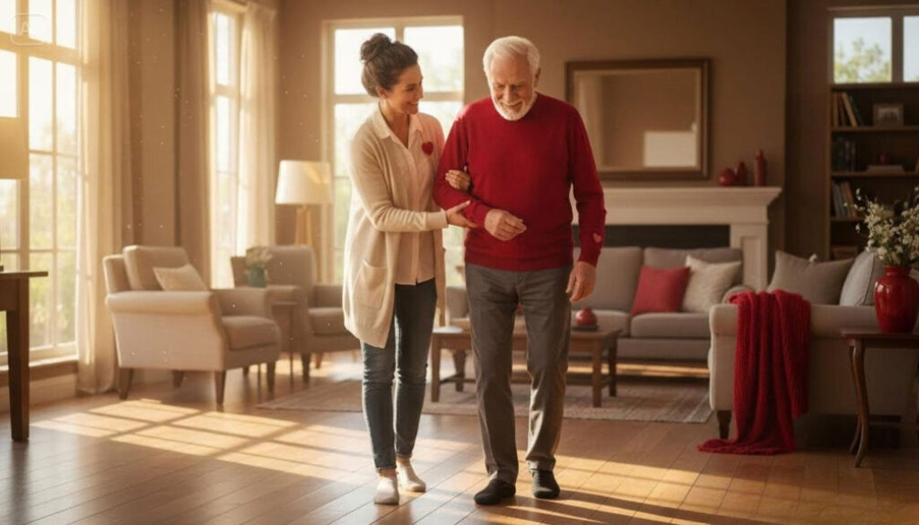 Caregiver assisting a senior with light exercise at home during American Heart Month