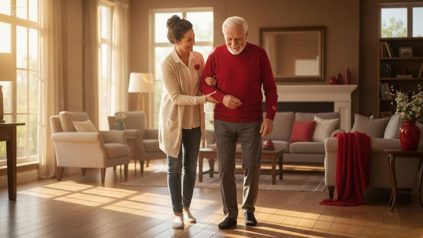 Caregiver assisting a senior with light exercise at home during American Heart Month