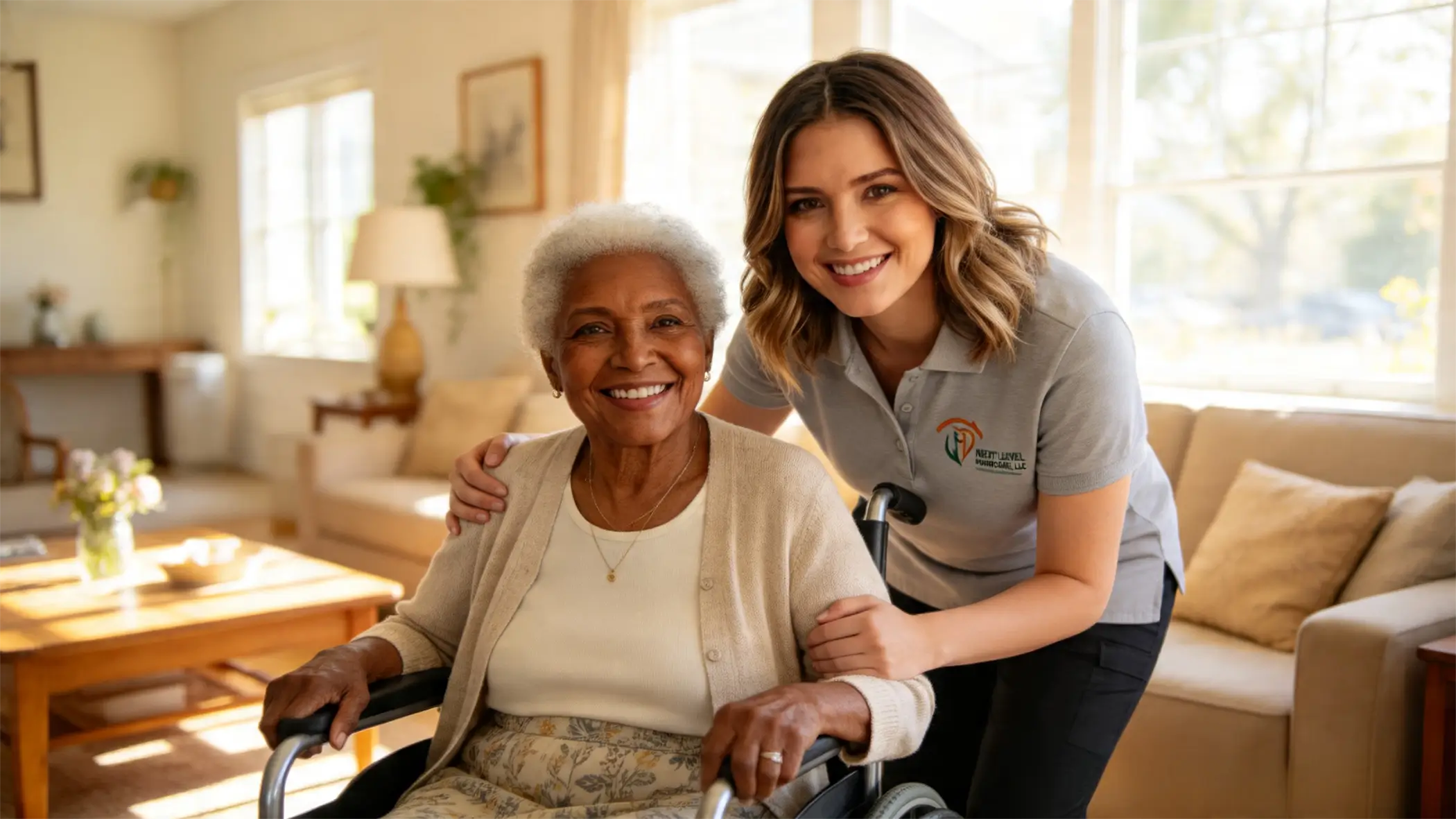 Professional caregiver assisting a senior at home in Howard County, Maryland